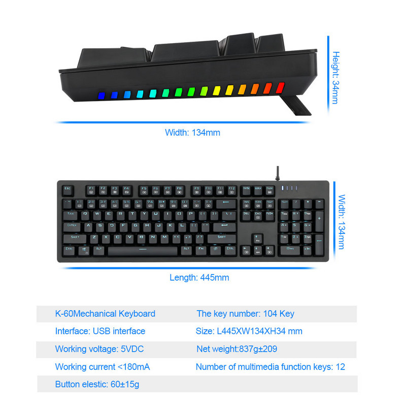 E-YOOSO K610 Tastatură mecanică pentru jocuri USB, comutator albastru, 104 taste, iluminat din spate, pentru computer, PC, jucător rus, noi