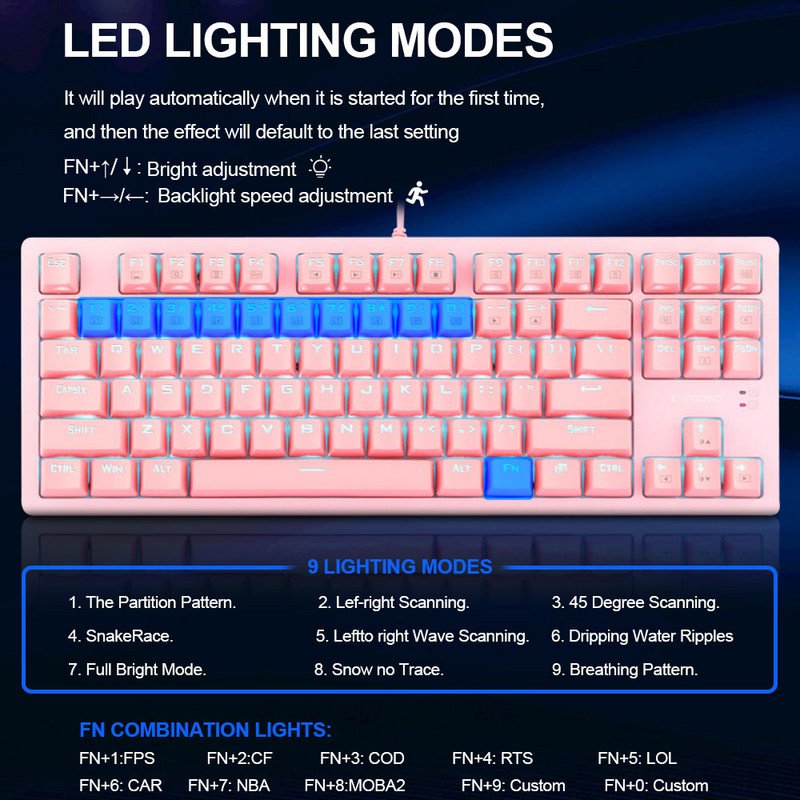 E-YOOSO K620 Tastatură mecanică pentru jocuri USB Comutator albastru 87 taste Gamer iluminat din spate pentru computer, laptop, PC