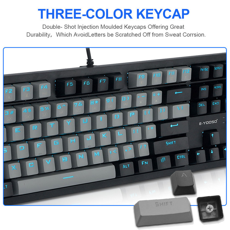 E-YOOSO K620 Tastatură mecanică pentru jocuri USB Comutator albastru 87 taste Gamer iluminat din spate pentru computer, laptop, PC