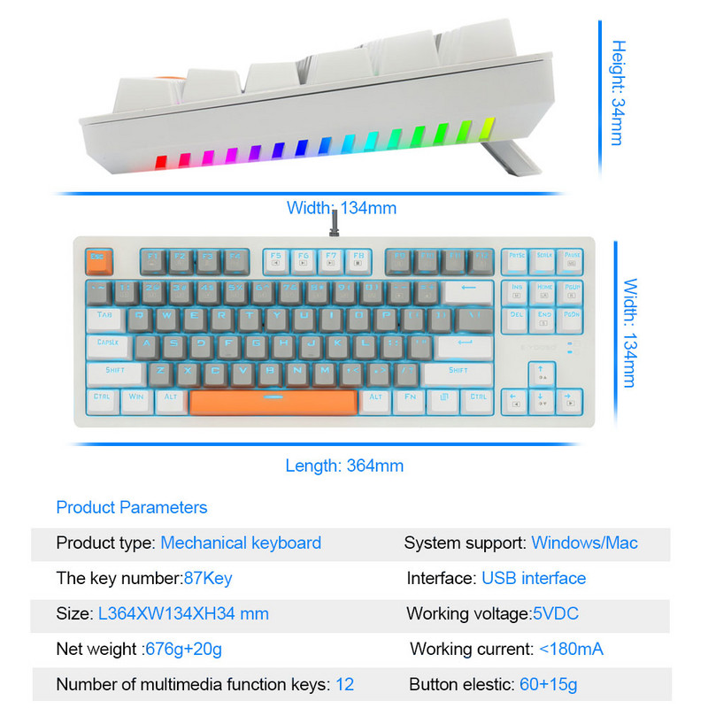 E-YOOSO K620 Tastatură mecanică pentru jocuri USB Comutator albastru 87 taste Gamer iluminat din spate pentru computer, laptop, PC