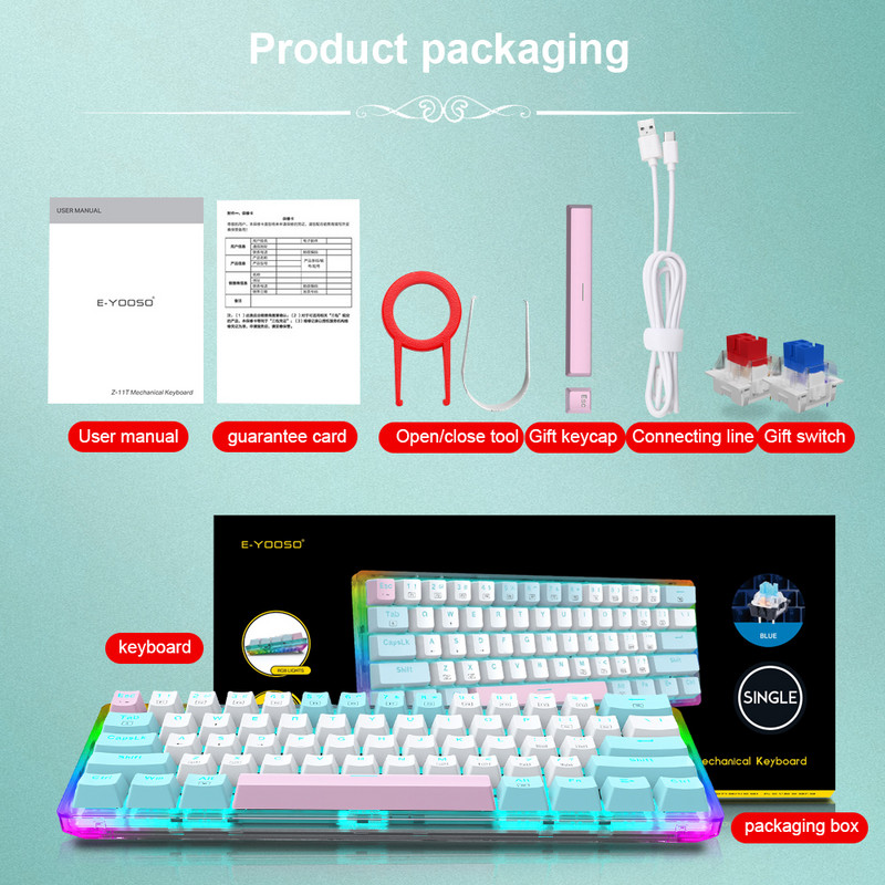 E-YOOSO Z11T USB 60% mini mehanička gaming tipkovnica plavo crveni prekidač 61 tipka Žičani odvojivi kabel, prenosiv za putno računalo