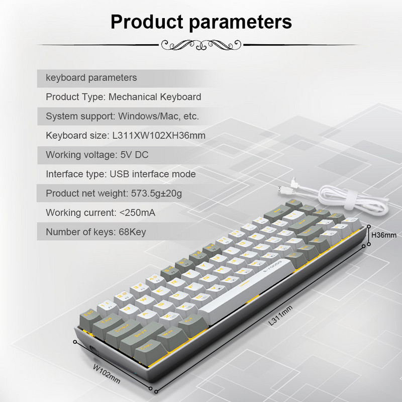 E-YOOSO Z686 USB 60% Mini tastatură mecanică pentru jocuri întrerupător albastru roșu 68 taste Cablu detașabil cu fir pentru computer PC