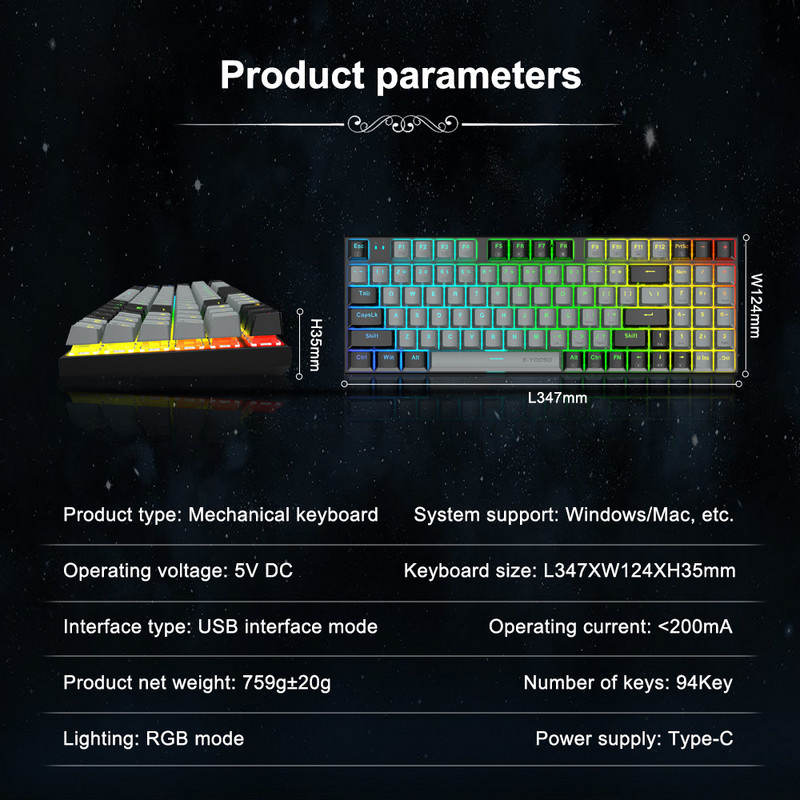 E-YOOSO Z19 RGB USB Tastatură mecanică pentru jocuri întrerupător albastru roșu 94 de taste Cablu detașabil cu fir pentru computer laptop