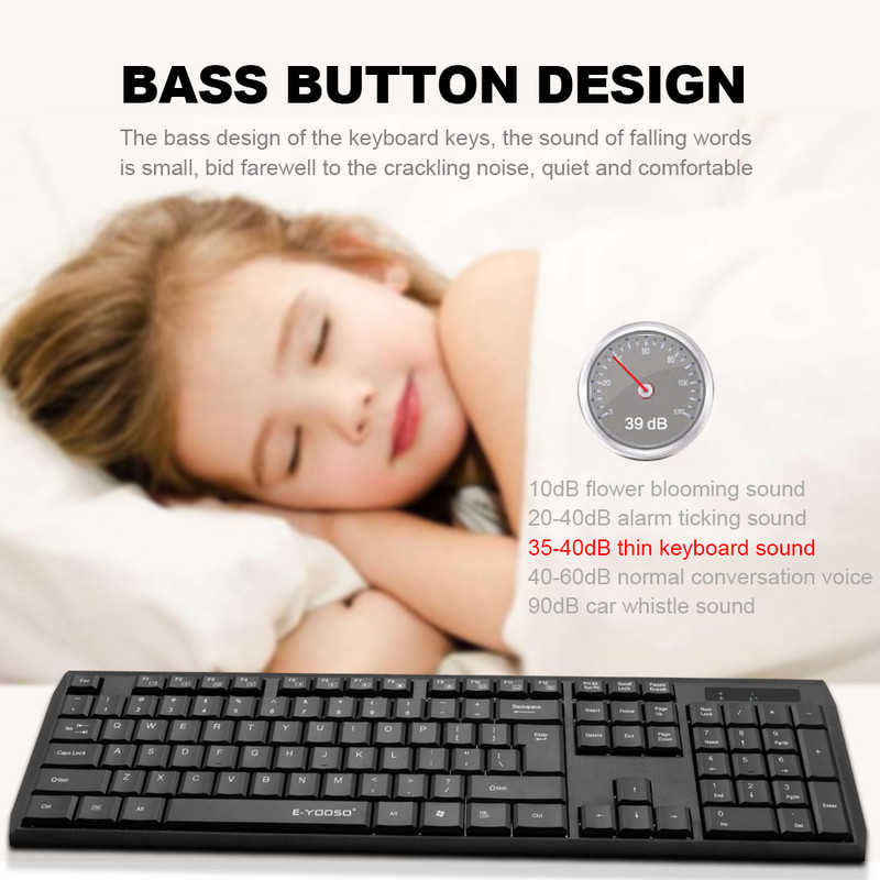 E-YOOSO E-710 USB Némítás vékony membrán billentyűzet egér kombók 104 gomb 1600DPI egérkészlet vezeték nélküli otthoni irodai számítógéphez PC laptop