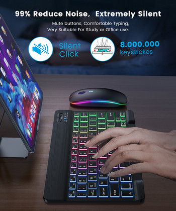 Клавиатура и мишка Nirkabel за компютър Bluetooth RGB Set Keyboard Isi Ulang Kit Keyboard Rusia за Ponsel Tablet Ipad