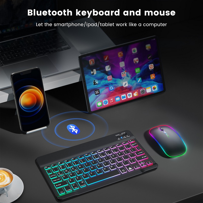 Klávesnica a myš Nirkabel od počítača Bluetooth RGB Set Klávesnica Isi Ulang Kit Klávesnica Rusko od Ponsel Tablet Ipad
