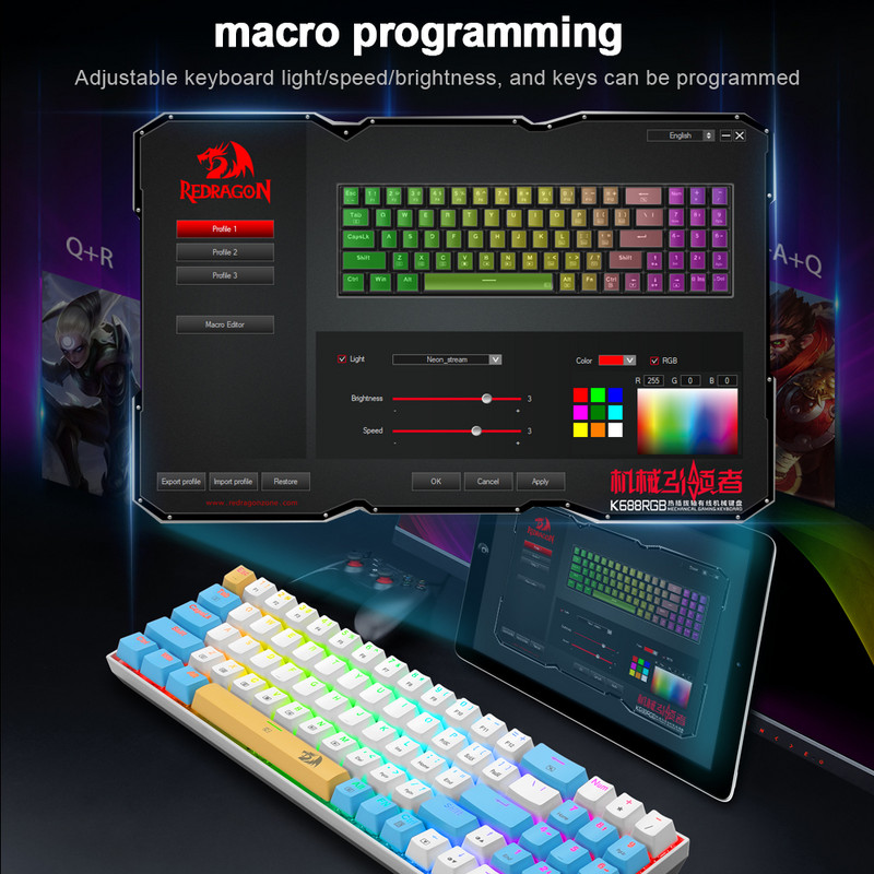 REDRAGON K688 RGB USB Mini tastatură Gaming Mekanik Biru Merah Switch 78 Kunci Cabel Dilepas Cabel Portable Untuk Perjalan