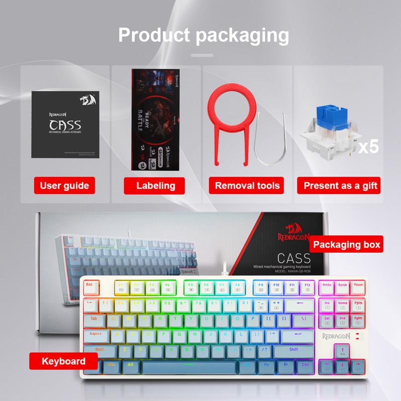 REDRAGON K645W RGB CASS USB Μηχανικό πληκτρολόγιο παιχνιδιού Kabel Biru Switch DIY Led Tombol Backlit 87 Kunci Gamer και υπολογιστής υπολογιστής