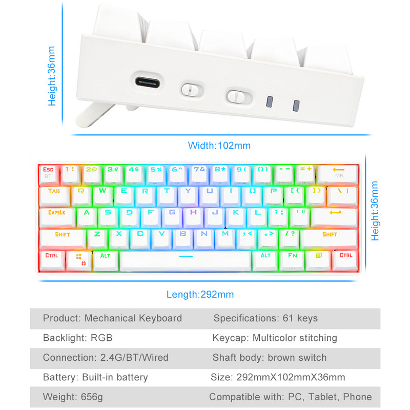 REDRAGON K530 RGB Draco Pro Dukungan Bluetooth 5.0 Nirkabel 2.4G USB 3 režīmu mehāniskā spēļu tastatūra 61 Tombol Menghitung PC