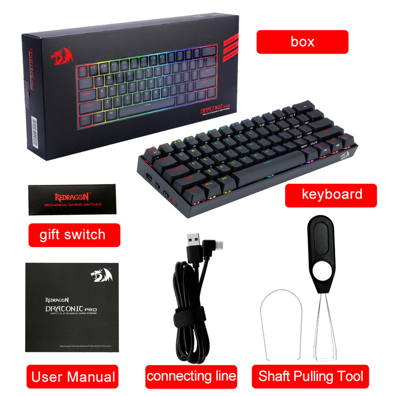 REDRAGON K530 RGB Draco Pro Dukungan Bluetooth 5.0 Nirkabel 2.4G USB 3 režīmu mehāniskā spēļu tastatūra 61 Tombol Menghitung PC