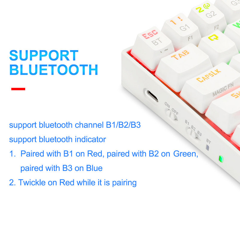 Redragon Draco RGB Dukungan Bluetooth 5.0 bežična USB dual mode mehanička igraća tipkovnica 61 Tombol untuk Menghitung PC K530