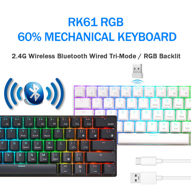 RK61 Royal Ktepi billentyűzet Mekanik Nirkabel Tri-mode Bluetooth 5.0/2.4G/USB-C RGB háttérvilágítású 61 gombos, működés közben cserélhető gamer billentyűzet