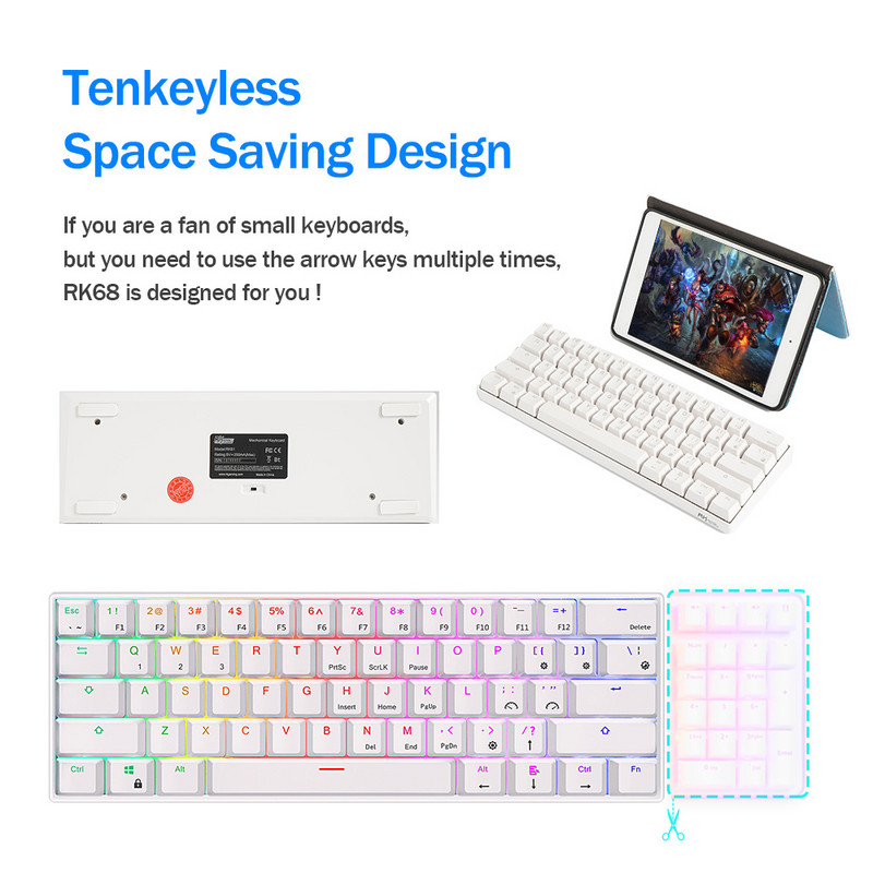 RK61 Royal Ktepi billentyűzet Mekanik Nirkabel Tri-mode Bluetooth 5.0/2.4G/USB-C RGB háttérvilágítású 61 gombos, működés közben cserélhető gamer billentyűzet