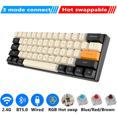 RK61 Tombol PBT billentyűzet Mekanis Gaming Nirkabel Kettős módú Bluetooth PC Gamer Gyorsan cserélhető 61 gombos RGB háttérvilágítású Royal Kudge