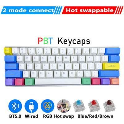 RK61 Tombol PBT billentyűzet Mekanis Gaming Nirkabel Kettős módú Bluetooth PC Gamer Gyorsan cserélhető 61 gombos RGB háttérvilágítású Royal Kudge