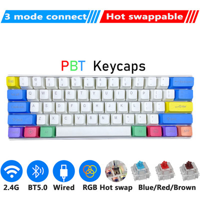 RK61 Tombol PBT billentyűzet Mekanis Gaming Nirkabel Kettős módú Bluetooth PC Gamer Gyorsan cserélhető 61 gombos RGB háttérvilágítású Royal Kudge