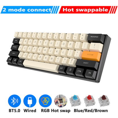 RK61 Tombol PBT billentyűzet Mekanis Gaming Nirkabel Kettős módú Bluetooth PC Gamer Gyorsan cserélhető 61 gombos RGB háttérvilágítású Royal Kudge