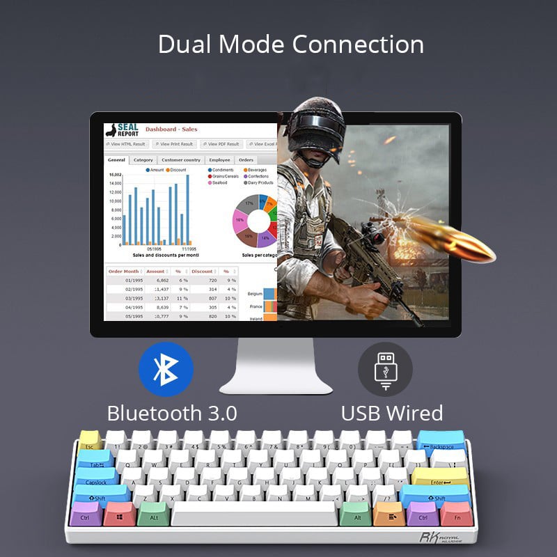 RK61 Tombol PBT billentyűzet Mekanis Gaming Nirkabel Kettős módú Bluetooth PC Gamer Gyorsan cserélhető 61 gombos RGB háttérvilágítású Royal Kudge