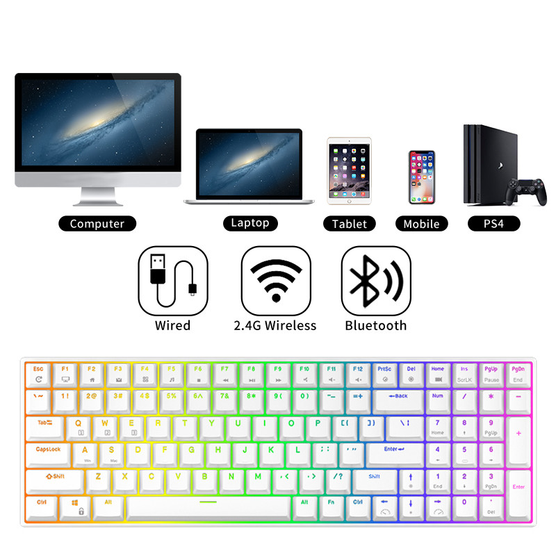 RK100 Royal Ktepi hárommódusú RGB háttérvilágítású billentyűzet Mekanik 100 Tombol Bluetooth 2.4G Nirkabel Kabel melegen cserélhető gamer billentyűzet