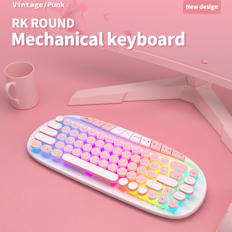 Klaviatuur Mekanis Punk Retro Bundar ROYAL Ksudge RK 2.4G Bluetooth Nirkabel USB 68 Tombol RGB Hot Swap Keyboard Gamer