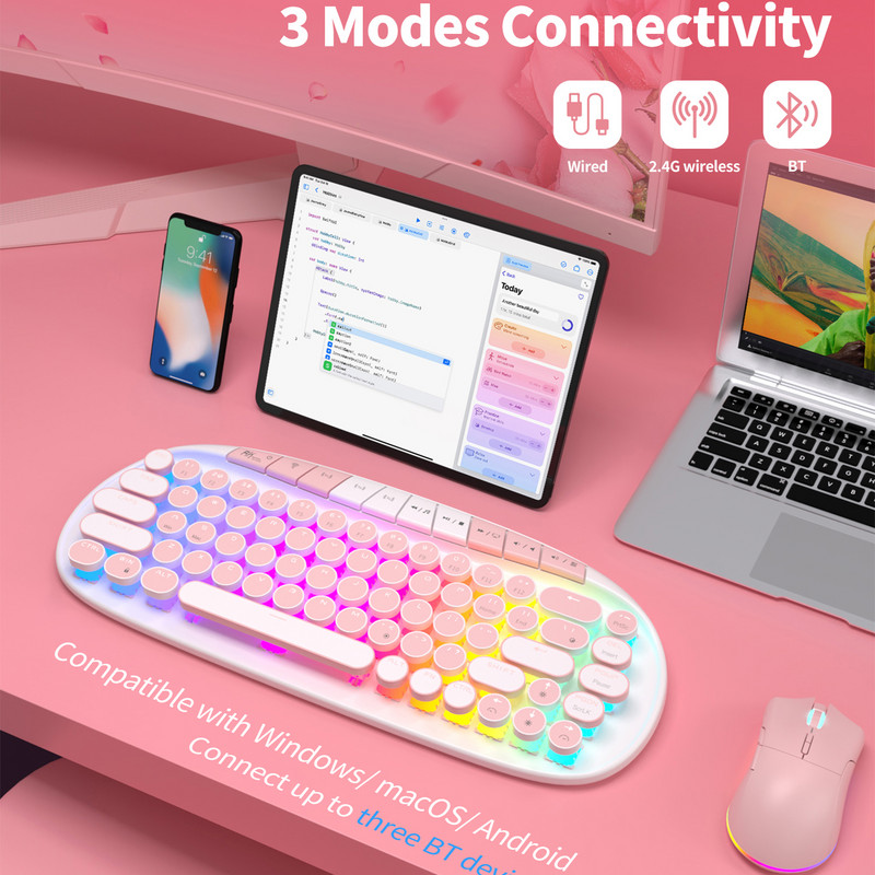 Klaviatuur Mekanis Punk Retro Bundar ROYAL Ksudge RK 2.4G Bluetooth Nirkabel USB 68 Tombol RGB Hot Swap Keyboard Gamer