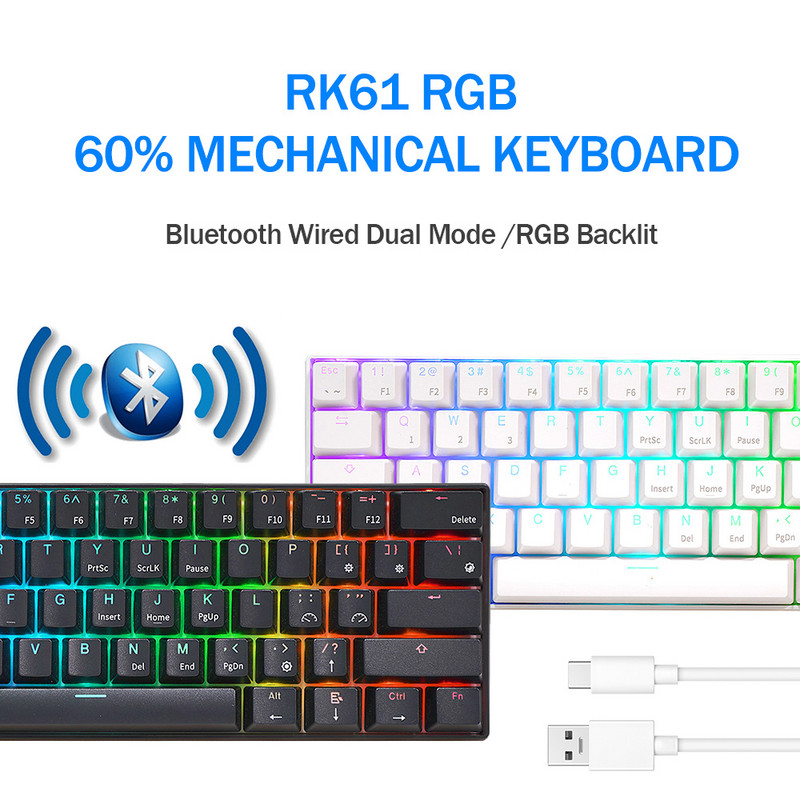 RK ROYAL Ksudge RK61 billentyűzet Mekanik Bluetooth Nirkabel 61 billentyűk 60% Ultra-kompakt kettős módú RGB Bachot-skit billentyűzet játékos