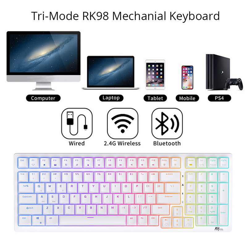 Royal Ksudge RK98 RGB 2.4G Πληκτρολόγιο Gaming Mekanis Nirkabel Bluetooth 5.0 Dapat Ditukar dengan 2 θύρες USB