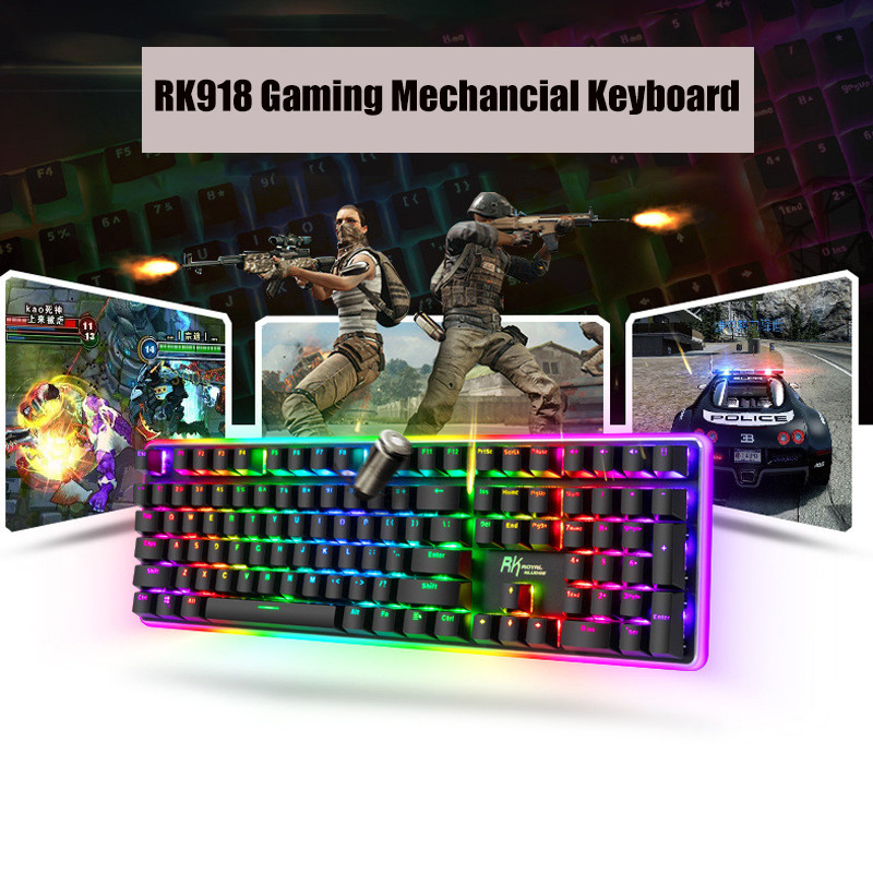 RK918 ROYAL KLUDGE RGB Lampu Latar Gaming Berkabel Keyboard Mekanik 108 Tombol Anti-Ghosting dengan Lampu Samping Bundar LED Besar