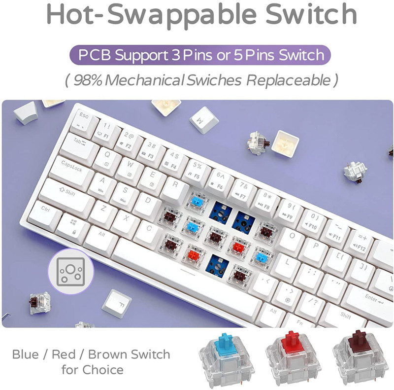 Royal Ksudge RK871/RK68PLUS, maināma karstā režīmā mehāniska mini bezvadu trīsrežīmu Bluetooth 2.4G tastatūra ar 60 Persen RGB aizmugurgaismojumu
