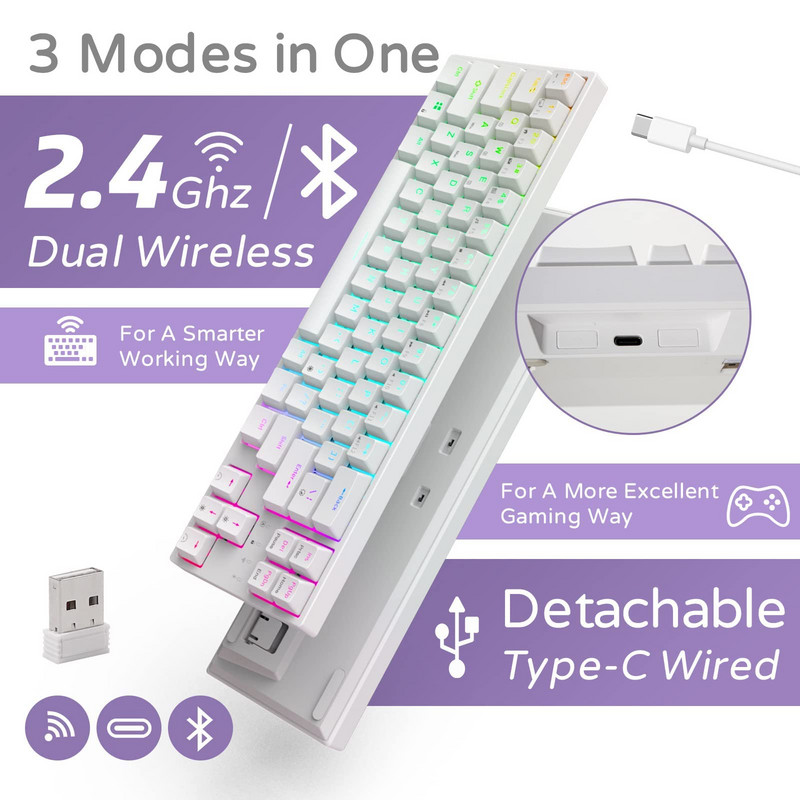 Royal Ksudge RK871/RK68PLUS, maināma karstā režīmā mehāniska mini bezvadu trīsrežīmu Bluetooth 2.4G tastatūra ar 60 Persen RGB aizmugurgaismojumu