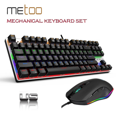 Set mouse cu tastatură mecanică ediție Metoo, 87/104 taste, roșu, albastru, negru, comutator, tastatură mouse pentru jocuri pentru tabletă desktop
