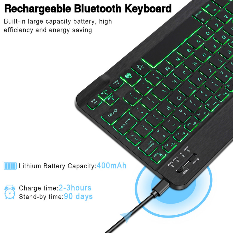 Újratölthető vezeték nélküli RGB Bluetooth billentyűzet és egér orosz spanyol koreai háttérvilágítás iPad Android IOS Windows táblagéphez