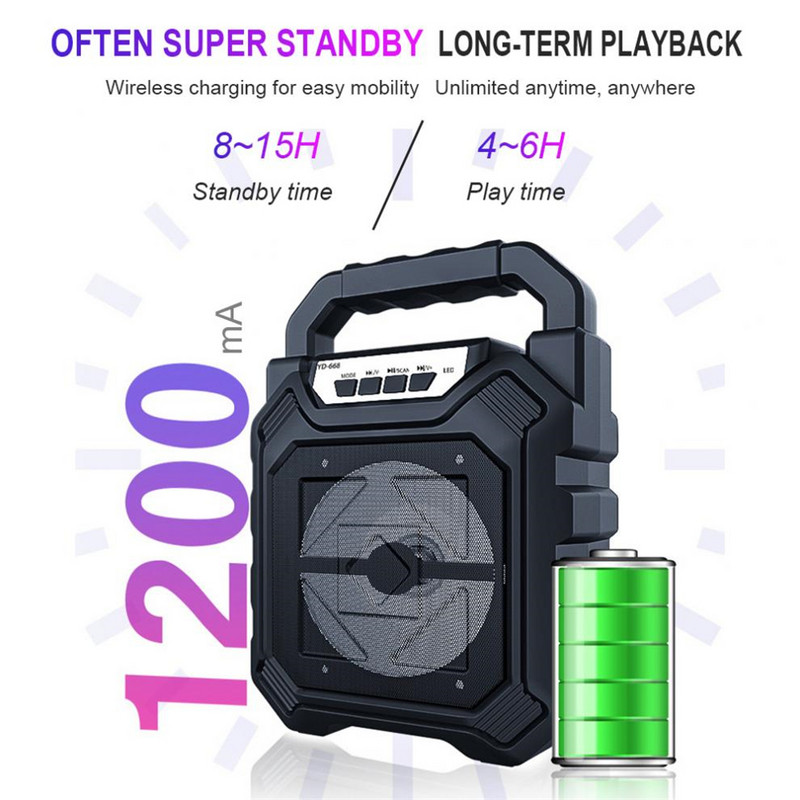 YD-668 Bezdrôtový prenosný reproduktor Boom Box Subwoofer Podpora mikrofónového vstupu 1200mAh Vonkajší reproduktorový systém pre divadelné umenie