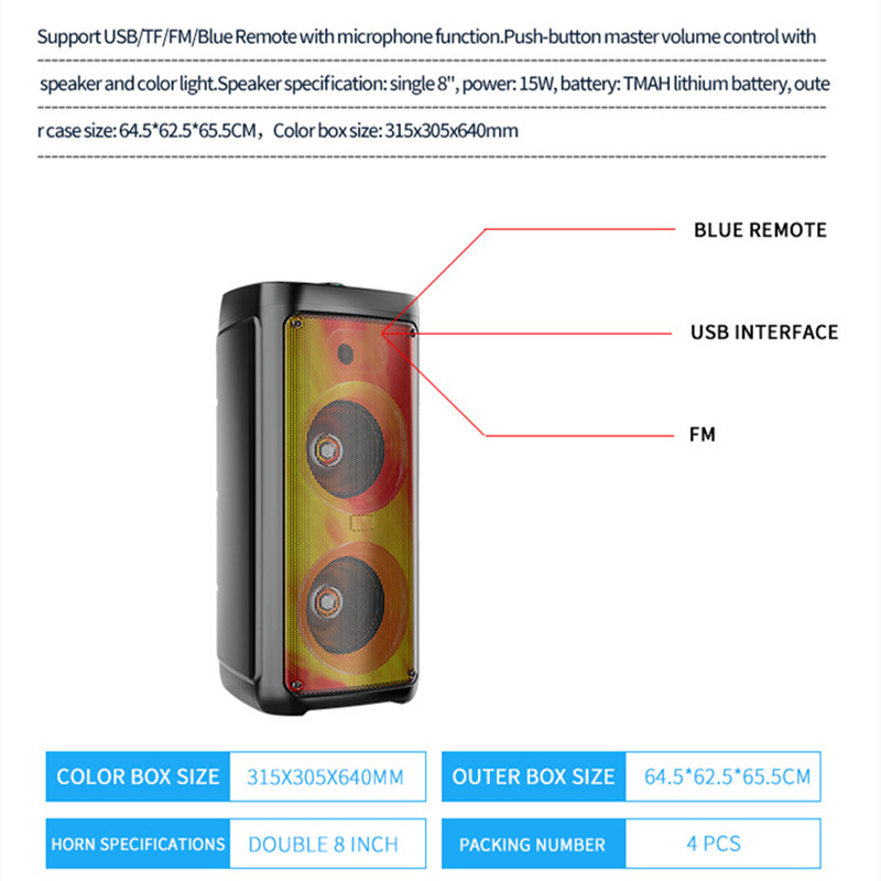Belaidis „Bluetooth“ garsiakalbis su mikrofonu lauko didelio galingumo kvadratinių šokių žemųjų dažnių garsiakalbis vakarėlio karaokės muzikos kolonėlė su TF kortele