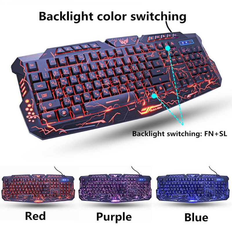 M200 ruska/engleska igraća tipkovnica USB žična ljubičasta/plava/crvena LED pozadinsko osvjetljenje s disanjem Pro Gaming tipkovnica miš kombinacije