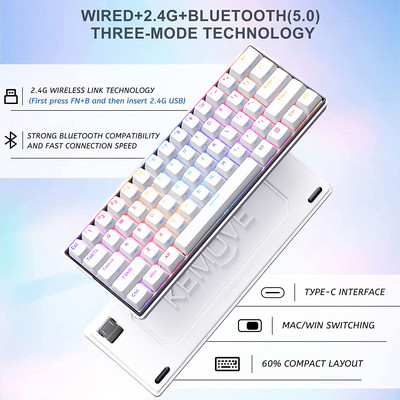 KEMOVE DK61 Snowfox 60% mehāniskā mini tastatūra Bluetooth karsti nomaināms noņemams kabelis RGB bezvadu spēļu tastatūra