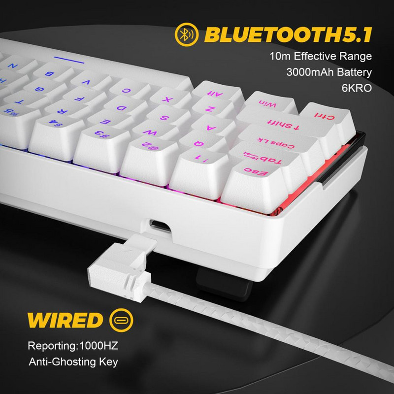 KEMOVE DK61 Snowfox 60% mehāniskā mini tastatūra Bluetooth karsti nomaināms noņemams kabelis RGB bezvadu spēļu tastatūra