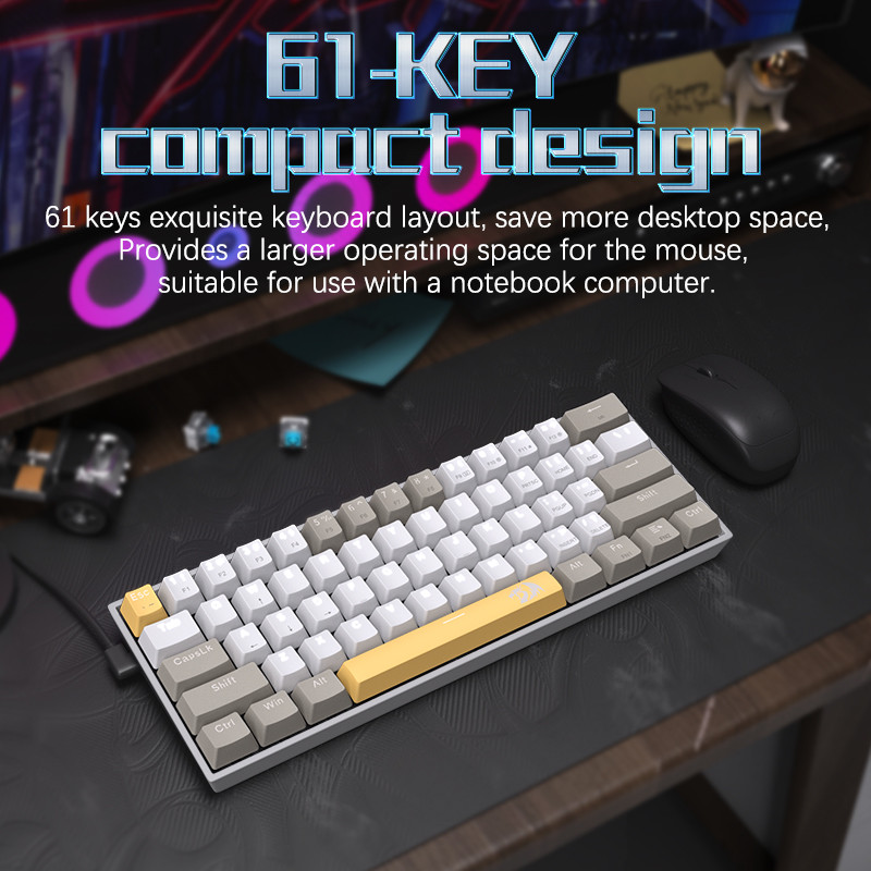 Redragon K606 USB mini mechanická herná klávesnica hnedý spínač 61 klávesov káblový odnímateľný kábel, prenosná na cesty