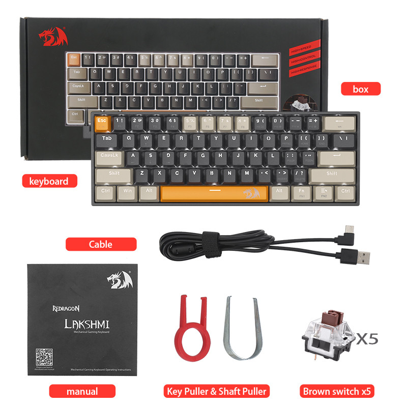 Redragon K606 USB mini mechanická herná klávesnica hnedý spínač 61 klávesov káblový odnímateľný kábel, prenosná na cesty