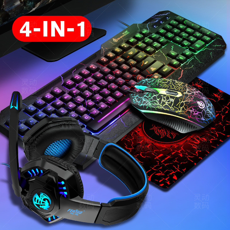 Spēļu tastatūra pele LED elpojošs fona apgaismojums Ergonomics Pro Combos USB vadu pilna taustiņa profesionāla peles tastatūra 4 in1