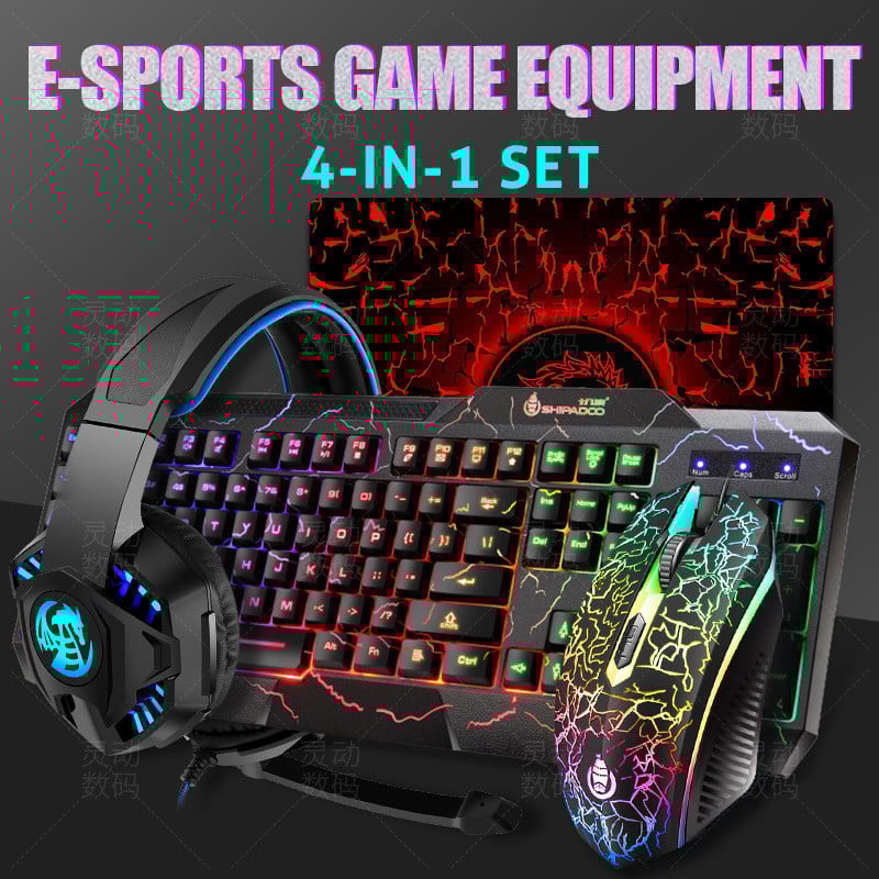 Spēļu tastatūra pele LED elpojošs fona apgaismojums Ergonomics Pro Combos USB vadu pilna taustiņa profesionāla peles tastatūra 4 in1