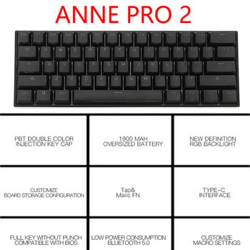 Anne Pro 2 RGB Mechanical Gaming Keyboard 60% 61 Keys Wireless Bluetooth 5.0 Gateron Blue Switch Portable Detachab Mini Keyboard