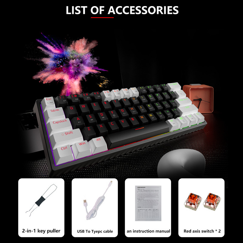 MUCAI MK61 USB Gaming Mechanical Keyboard Red Switch 61 Keys Ενσύρματο αποσπώμενο καλώδιο RGB με οπίσθιο φωτισμό Hot Swappable