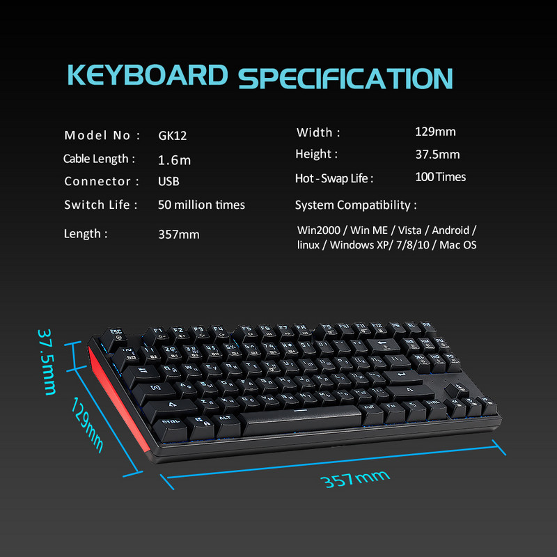 HEXGEARS Mehanička tipkovnica za igranje Prekidač koji se može mijenjati na vruće Ruski 87 tipki Vodootporna tipkovnica Kailh BOX Prekidač Prilagođena makro GK12