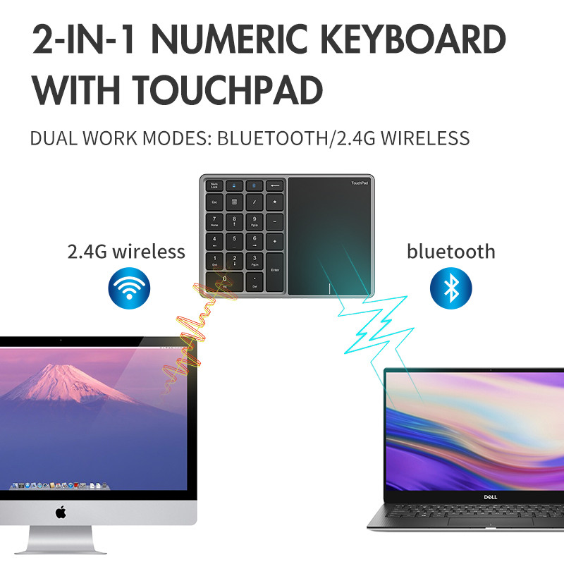 Numerikus billentyűzet érintőpaddal Bluetooth billentyűzet 2.4G vezeték nélküli számbillentyűzet újratölthető Android Windows IOS laptop táblagéphez