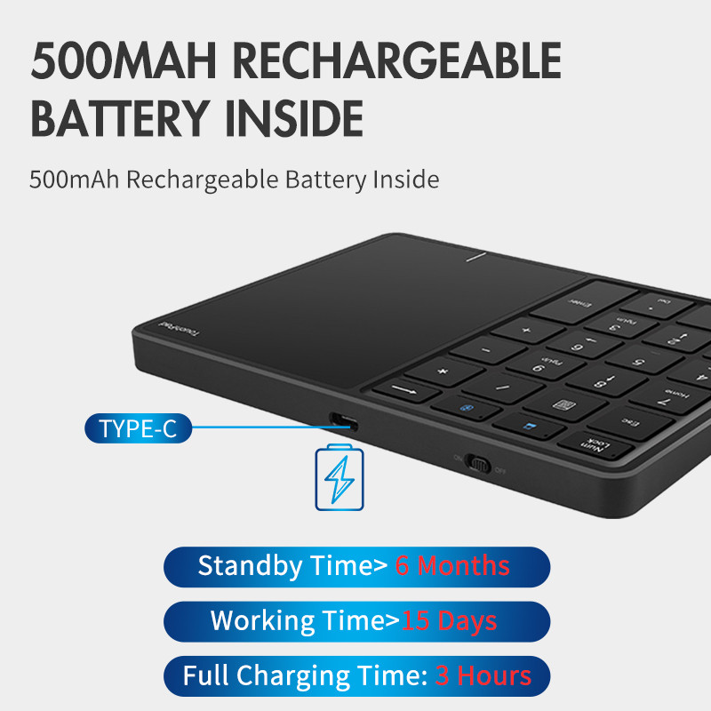 Numerikus billentyűzet érintőpaddal Bluetooth billentyűzet 2.4G vezeték nélküli számbillentyűzet újratölthető Android Windows IOS laptop táblagéphez