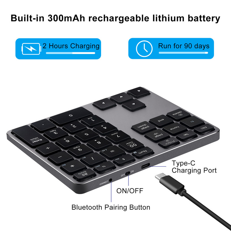 Bluetooth számbillentyűzet, újratölthető vezeték nélküli numerikus billentyűzet, kettős módú alumínium USB numerikus billentyűzet laptophoz, MacBook Pro/Airhez, Machez