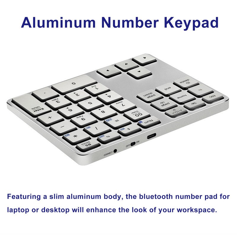 Bluetooth számbillentyűzet, újratölthető vezeték nélküli numerikus billentyűzet, kettős módú alumínium USB numerikus billentyűzet laptophoz, MacBook Pro/Airhez, Machez