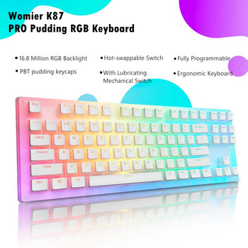 Womeir K87 Pro TKL Геймърска клавиатура Механична клавиатура с възможност за гореща смяна с пудингови капачки за ключове Gateron Switch RGB Backlit за PC PS4