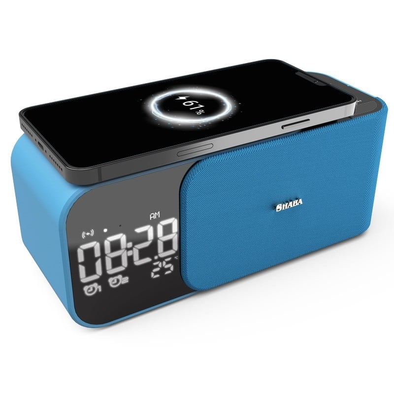 Juhtmeta laadimise äratuskell FM-raadio Bluetooth-kõlar koos mikrofoni temperatuuriindikaatoriga LED digitaalse ekraani kõlarid